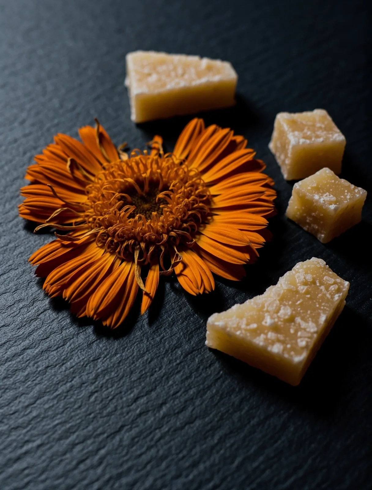 Raw botanical materials including Calendula and Beeswax